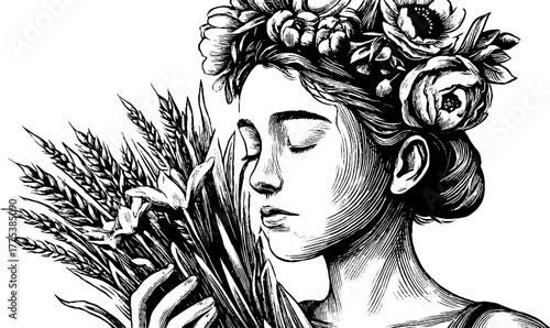 Muse of nature holding flowers and sheaf in vintage engraving style