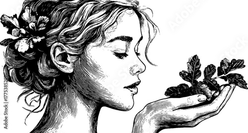 Mythical river nymph offering shell to forest spirit - vintage hand drawn engraving