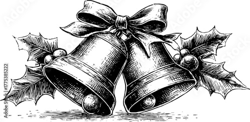 Vintage engraved bells with bow and holly for christmas design and holiday decor