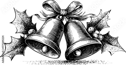 Festive holiday bells with bow and holly - vintage hand engraving design for christmas cards