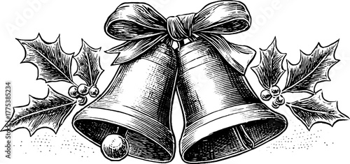 Vintage christmas bells with holly and bow art - perfect for festive decor and holiday cards