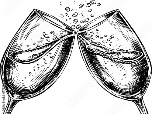 Celebration with engraved champagne glasses clinking together