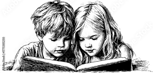 Vintage illustration of children reading together - engraved design for learning and education themes
