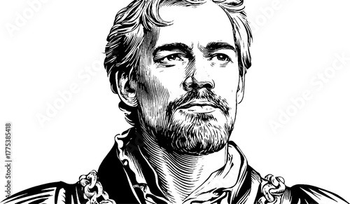 Portrait of a renaissance nobleman with chain in vintage engraving style