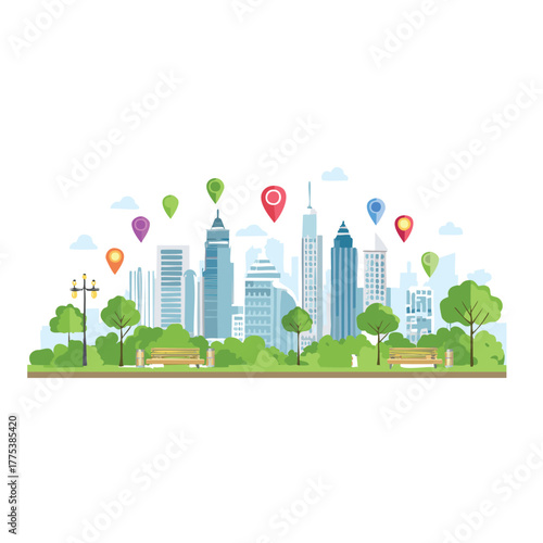 Green urban landscape with trees, buildings, and a sustainable eco-city skyline illustration