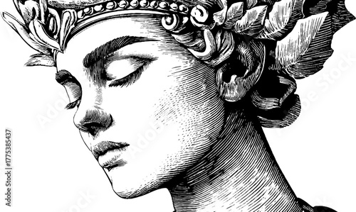 Engraved renaissance woman facing left in ornate headpiece silhouette for art design