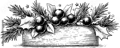 Vintage engraved rectangular border with pine needles, stars, and mistletoe design for holiday cards