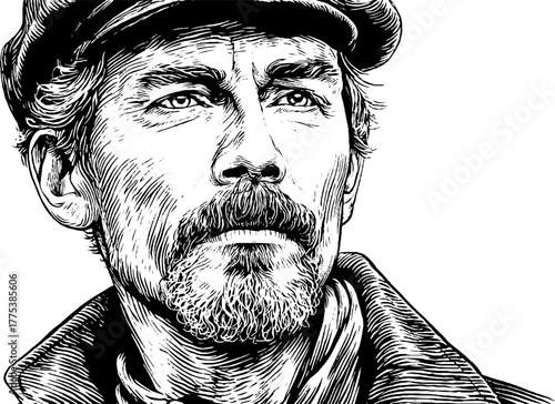 Renaissance style engraved portrait of man in cap and robe with stern expression