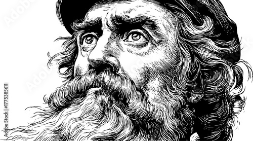 Renaissance man with cap and robe in engraved style portrait for vintage art design