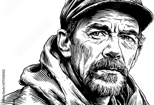 Renaissance man in cap and robe with stern expression for vintage design