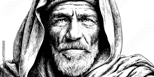 Renaissance man with cap and robe in engraved style - vintage concept for historical artwork