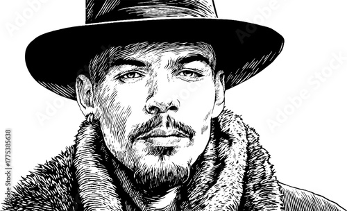 Renaissance man in hat and fur collar engraved silhouette portrait for retro design