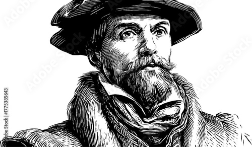 Renaissance man in hat and fur collar engraving portrait for vintage design