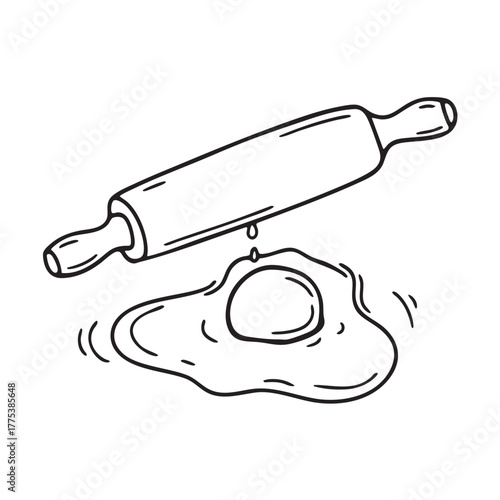 A yolk positioned next to a rolling pin covered with flour