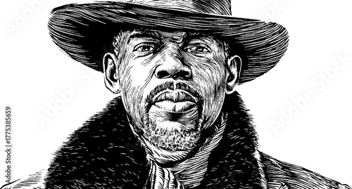 Renaissance man wearing hat and fur collar engraving - vintage portrait for classic design