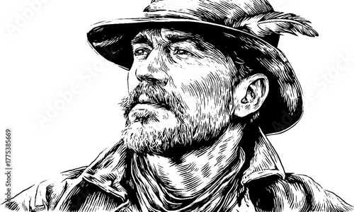 Confident renaissance gentleman in feathered hat engraving for classic art design