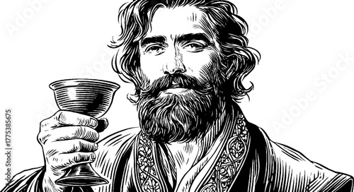 Renaissance nobleman holding goblet in ornate attire, vintage sketch design for card or poster