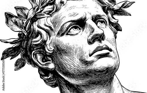 Renaissance poet laurel wreath vintage sketch hand drawn engraving illustration. Classic literary portrait with ornate detail and historical elegance.
