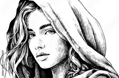 Engraved renaissance woman veil elaborate hairstyle vintage sketch hand drawn engraving illustration. Elegant classic portrait with ornate detail and timeless feminine beauty.
