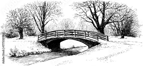 Winter scene of a rustic wooden bridge over a snow-covered stream in vintage engraving style
