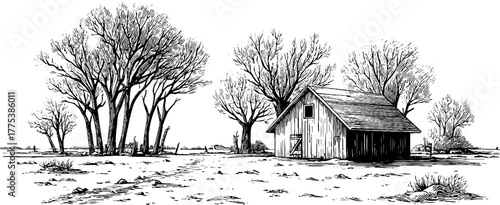 Winter serenity: rustic barn and bare trees in snowy landscape for seasonal artwork
