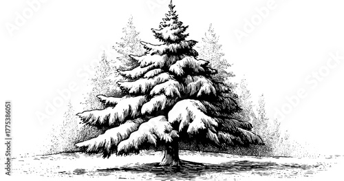 Vintage snow-covered pine tree silhouette for holiday design and winter decor