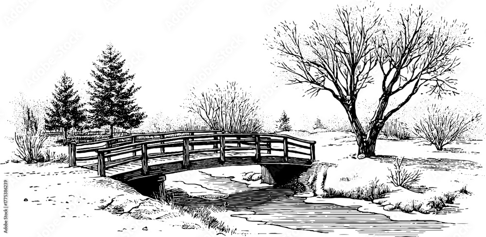 Fototapeta premium Winter scene with snowy bridge and frozen stream for vintage design