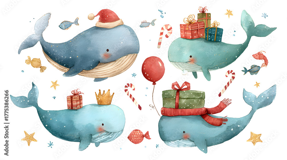 Naklejka premium Whimsical whales celebrating christmas with gifts and festive decorations