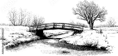 Wallpaper Mural Winter scene with engraved snowy bridge over frozen stream in vintage style Torontodigital.ca