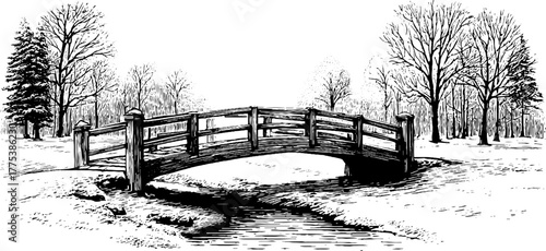 Winter landscape with snowy bridge over frozen stream in vintage engraving style