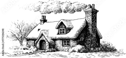 Vintage snowy cottage with chimney smoke illustration for winter designs