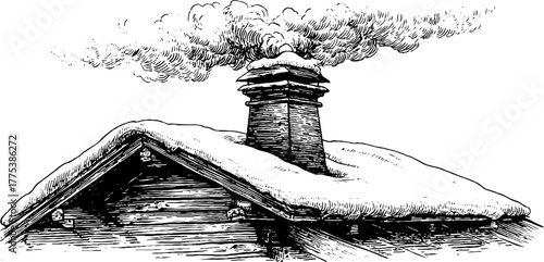 Winter cottage scene with snowy roof and smoky chimney for vintage design