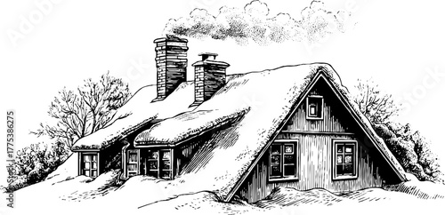 Vintage winter scene of snowy cottage with chimney smoke