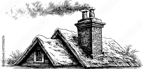 Charming winter cottage with smoking chimney in vintage engraving style for holiday decor