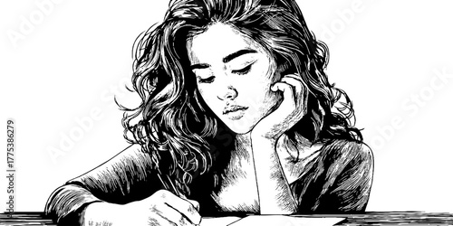 Vintage engraving of a teenage girl writing in a notebook