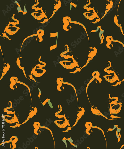 A captivating seamless pattern where expressive brush strokes reveal a tender baby profile. This modern, artistic design in bold orange is ideal for unique textiles, fashion, and nursery decor.