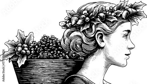 Vintage holiday engraving of woman with basket of pine cones wearing holly garland