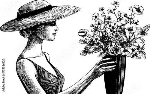 Woman arranging flowers in tall vase - vintage floral design for posters or cards