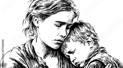 Vintage scene of woman comforting crying child hand-drawn engraving for emotional art and print design