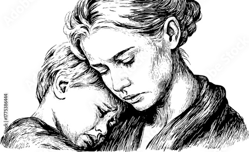Vintage illustration of woman comforting crying child for retro design