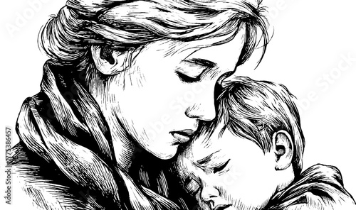 Vintage illustration of a woman comforting a crying child in a hand-drawn engraving style