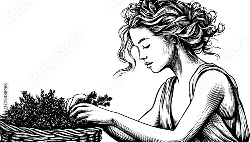 Vintage herbal gathering scene with woman and woven basket design for print or poster