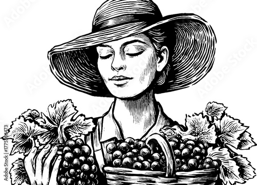 Elegant woman with basket of grapes and leaves in vintage style for wine festival design