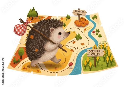 Cute Hedgehog Exploring a Festive Autumn Map on Thanksgiving Day Adventure