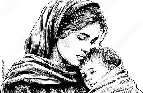 Vintage engraving of woman holding baby wrapped in blanket - retro motherhood concept