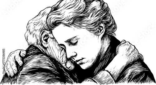Vintage sketch of woman embracing elderly mother - retro family love concept for card or poster design