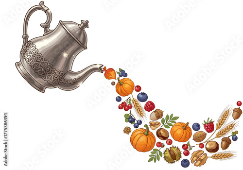 Celebration of Thanksgiving With a Festive Teapot Pouring Autumn's Harvest