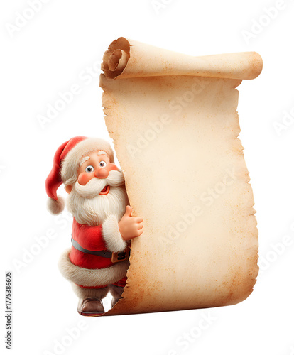 Santa claus holding a blank scroll on a black background