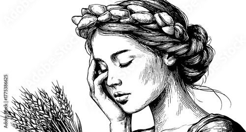 Virgo constellation woman holding wheat in vintage engraving style