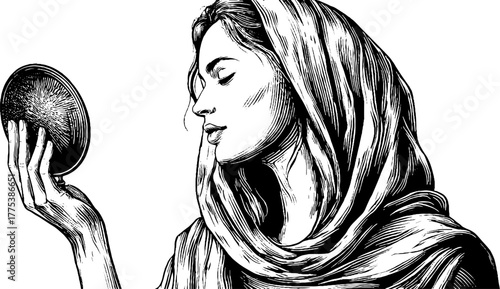 Timeless truth depiction: engraved woman holding mirror and veil silhouette art